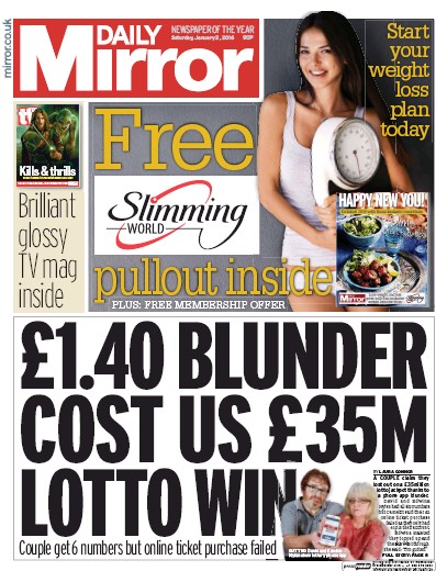 Daily Mirror Newspaper Front Page (UK) for 2 January 2016