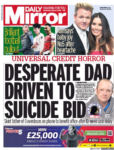 Daily Mirror Newspaper Front Page (UK) for 2 January 2019