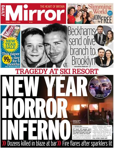Daily Mirror Newspaper Front Page (UK) for 2 January 2026