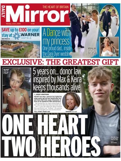 Daily Mirror Newspaper Front Page (UK) for 2 June 2025