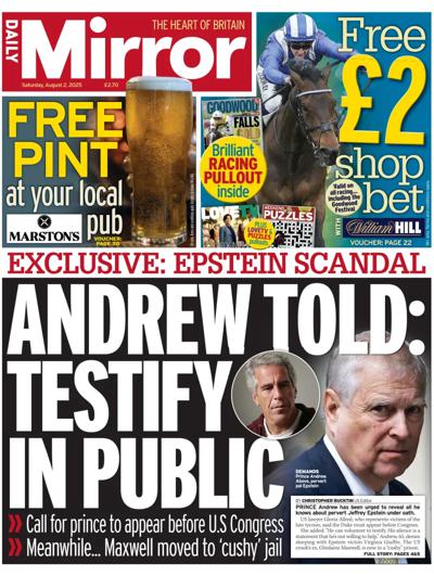 Daily Mirror Newspaper Front Page (UK) for 2 August 2025
