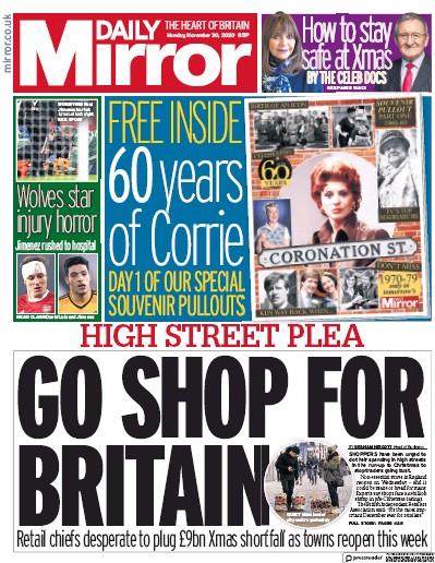 Daily Mirror Newspaper Front Page (UK) for 30 November 2020