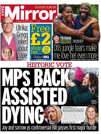 Daily Mirror Newspaper Front Page (UK) for 30 November 2024