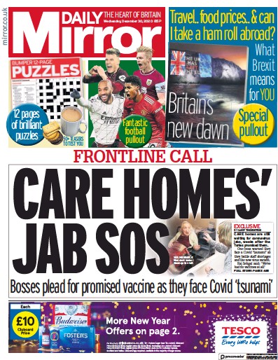 Daily Mirror Newspaper Front Page (UK) for 30 December 2020