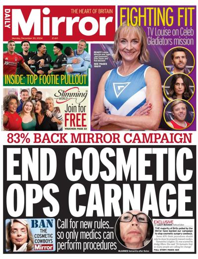 Daily Mirror Newspaper Front Page (UK) for 30 December 2024