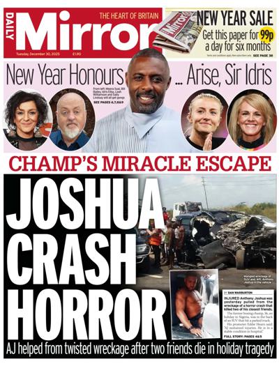 Daily Mirror Newspaper Front Page (UK) for 30 December 2025