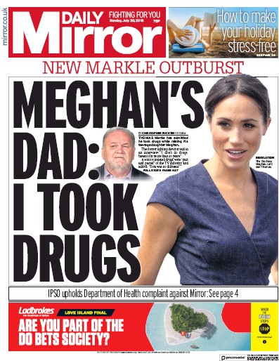 Daily Mirror Newspaper Front Page (UK) for 30 July 2018