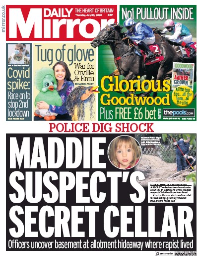 Daily Mirror Newspaper Front Page (UK) for 30 July 2020