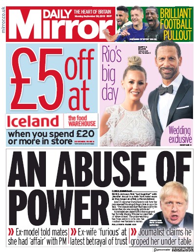 Daily Mirror Newspaper Front Page (UK) for 30 September 2019