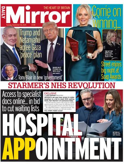 Daily Mirror Newspaper Front Page (UK) for 30 September 2025
