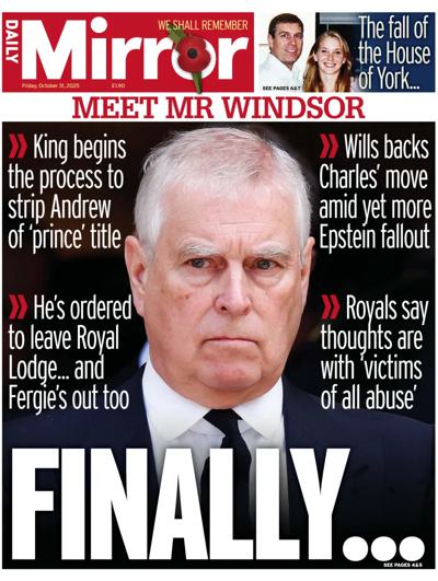 Daily Mirror Newspaper Front Page (UK) for 31 October 2025