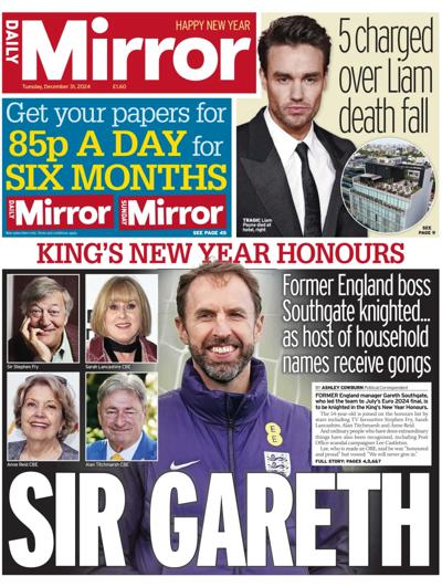 Daily Mirror Newspaper Front Page (UK) for 31 December 2024