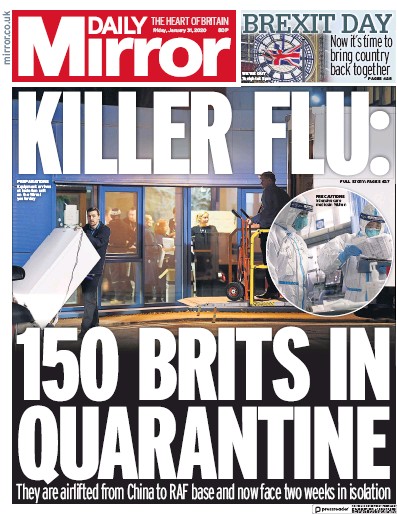 Daily Mirror Newspaper Front Page (UK) for 31 January 2020