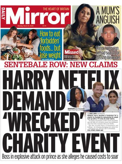 Daily Mirror Newspaper Front Page (UK) for 31 March 2025