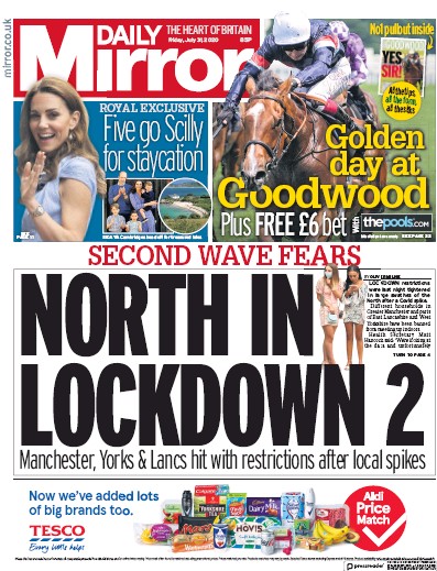 Daily Mirror Newspaper Front Page (UK) for 31 July 2020