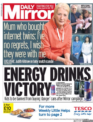 Daily Mirror Newspaper Front Page (UK) for 31 August 2018