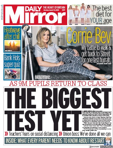 Daily Mirror Newspaper Front Page (UK) for 31 August 2020