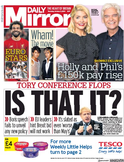 Daily Mirror Newspaper Front Page (UK) for 3 October 2019