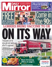 Daily Mirror (UK) Newspaper Front Page for 3 December 2020