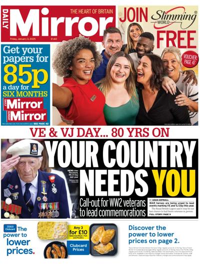 Daily Mirror Newspaper Front Page (UK) for 3 January 2025