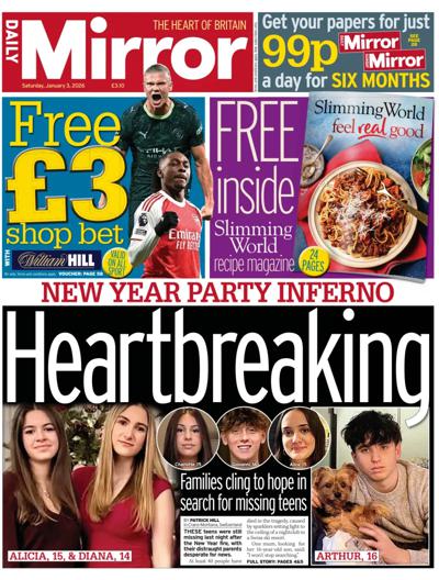 Daily Mirror Newspaper Front Page (UK) for 3 January 2026