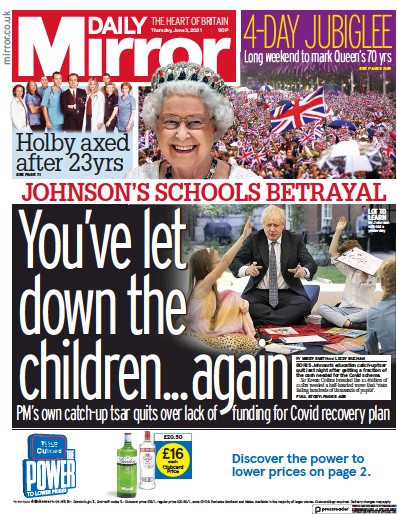 Daily Mirror Newspaper Front Page (UK) for 3 June 2021