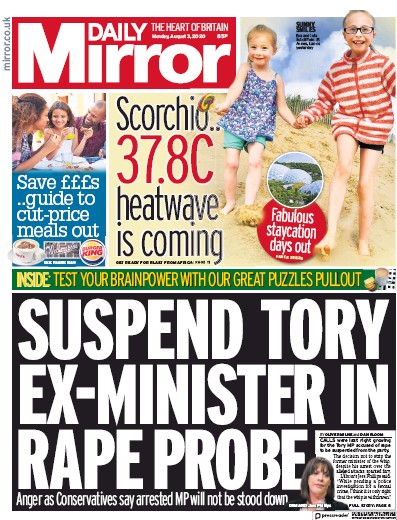 Daily Mirror Newspaper Front Page (UK) for 3 August 2020