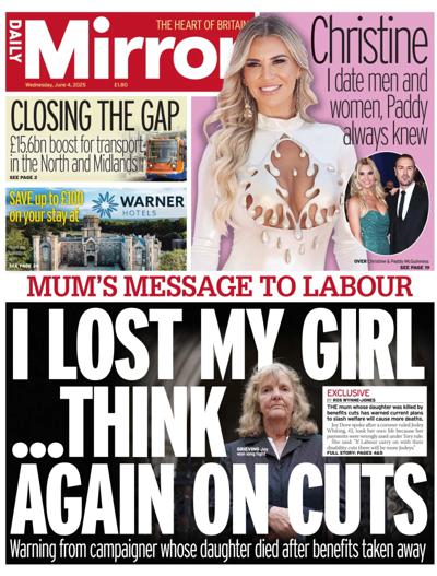 Daily Mirror Newspaper Front Page (UK) for 4 June 2025