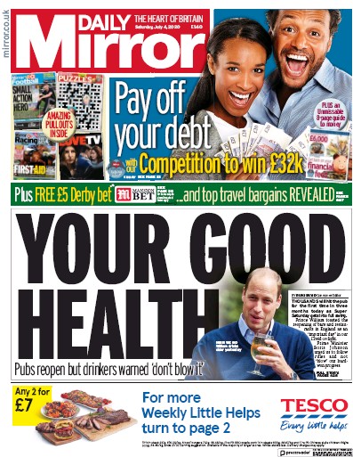 Daily Mirror Newspaper Front Page (UK) for 4 July 2020