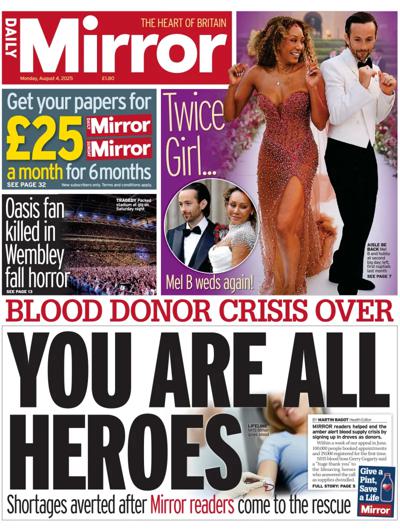 Daily Mirror Newspaper Front Page (UK) for 4 August 2025