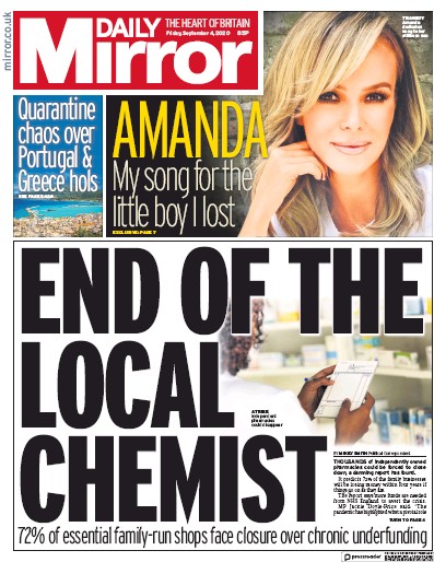 Daily Mirror Newspaper Front Page (UK) for 4 September 2020