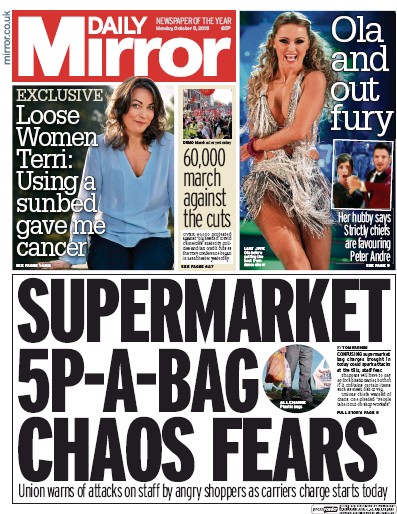 Daily Mirror Newspaper Front Page (UK) for 5 October 2015