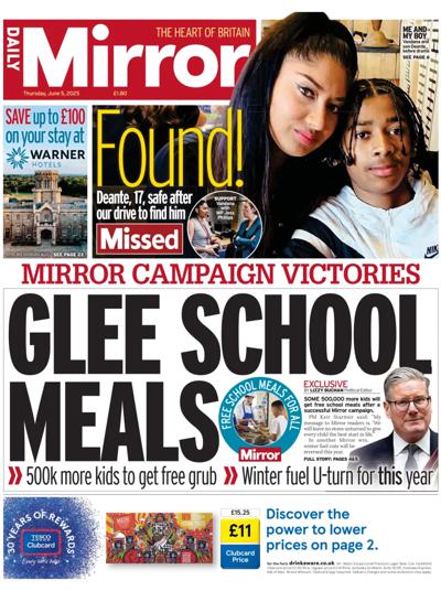 Daily Mirror Newspaper Front Page (UK) for 5 June 2025