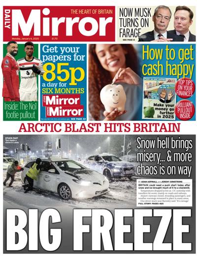 Daily Mirror Newspaper Front Page (UK) for 6 January 2025