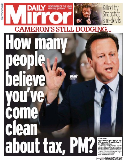 Daily Mirror Newspaper Front Page (UK) for 6 April 2016