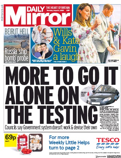 Daily Mirror Newspaper Front Page (UK) for 6 August 2020