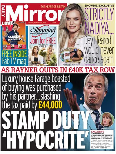 Daily Mirror Newspaper Front Page (UK) for 6 September 2025