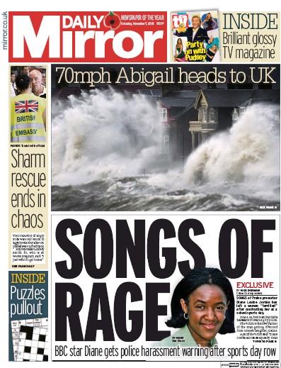 Daily Mirror Newspaper Front Page (UK) for 7 November 2015