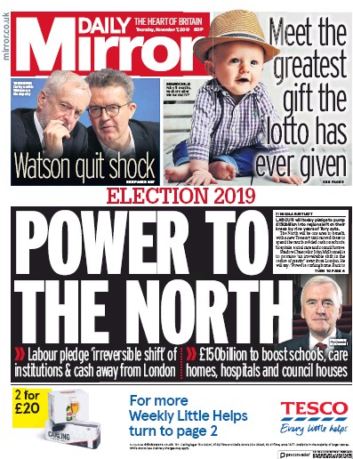 Daily Mirror Newspaper Front Page (UK) for 7 November 2019