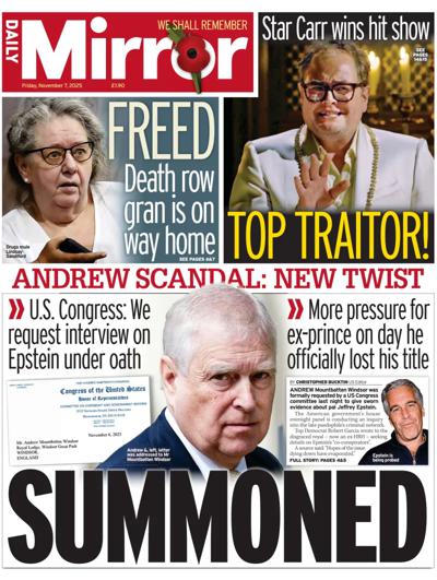 Daily Mirror Newspaper Front Page (UK) for 7 November 2025