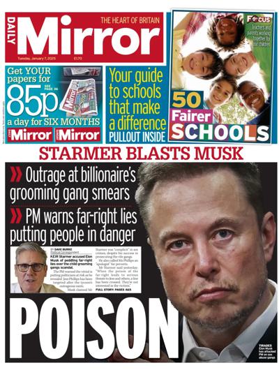 Daily Mirror Newspaper Front Page (UK) for 7 January 2025