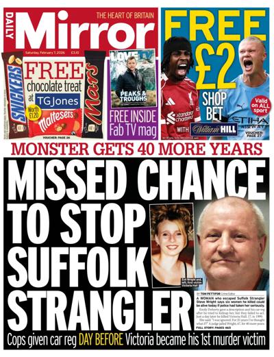 Daily Mirror Newspaper Front Page (UK) for 7 February 2026