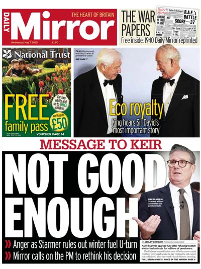 Daily Mirror Newspaper Front Page (UK) for 7 May 2025
