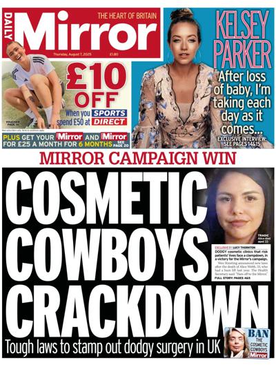 Daily Mirror Newspaper Front Page (UK) for 7 August 2025