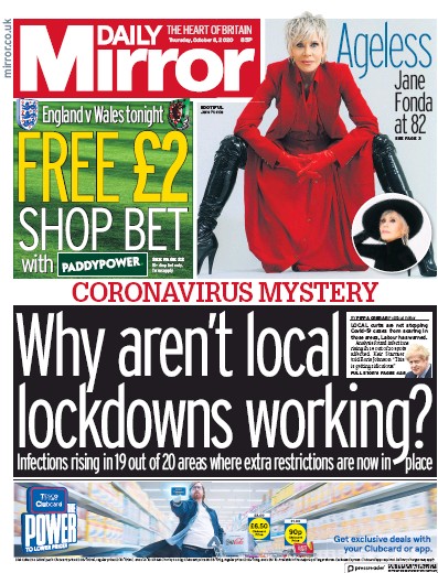 Daily Mirror Newspaper Front Page (UK) for 8 October 2020