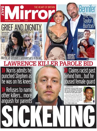 Daily Mirror Newspaper Front Page (UK) for 8 October 2025