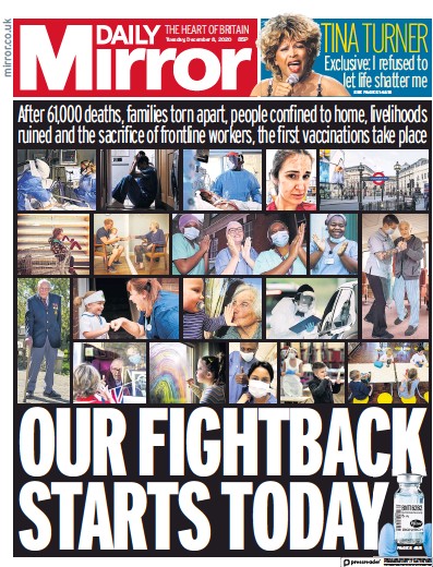 Daily Mirror Newspaper Front Page (UK) for 8 December 2020