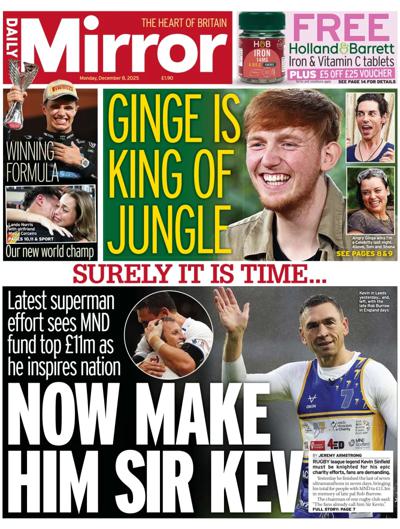 Daily Mirror Newspaper Front Page (UK) for 8 December 2025