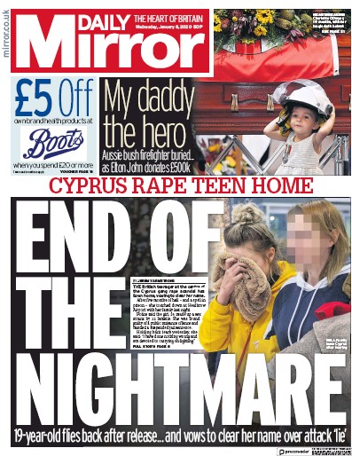 Daily Mirror Newspaper Front Page (UK) for 8 January 2020