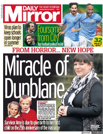 Daily Mirror Newspaper Front Page (UK) for 8 February 2021